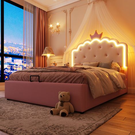 Lit coffre hydraulique 140x200 cm, sommier intégré sans matelas, tête de lit capitonnée en forme de couronne, éclairage LED d'ambiance, revêtement PU rose. (1/5)