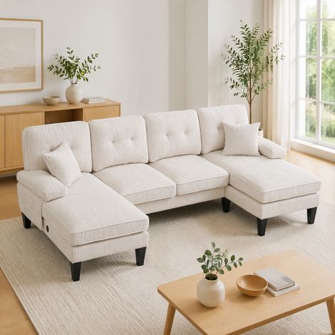 Divano angolare a U 4 posti con doppia chaise longue in velluto a coste beige 250 x 130 x 88 cm (1/5)