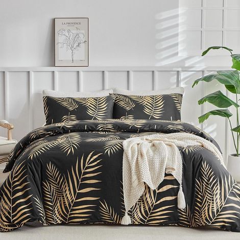 Bettwäsche-Set 240x220 cm Mikrofaser mit Blattmuster, 3-teilig, Schwarz/Gold