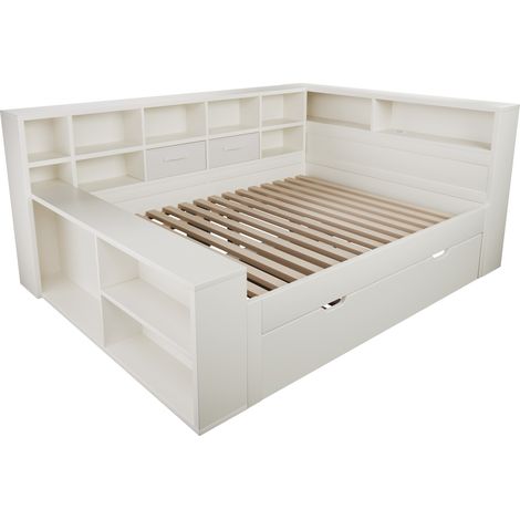 Stauraumbett 140x200 weiß mit Ausziehbett, 8 Fächern und USB-Type-C, aus Holz, ohne Matratze (1/5)