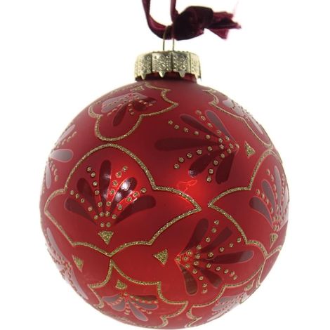 Kaemingk – Boule de Noël Decoris – Rouge à ornements dorés, verre, Ø 8 cm