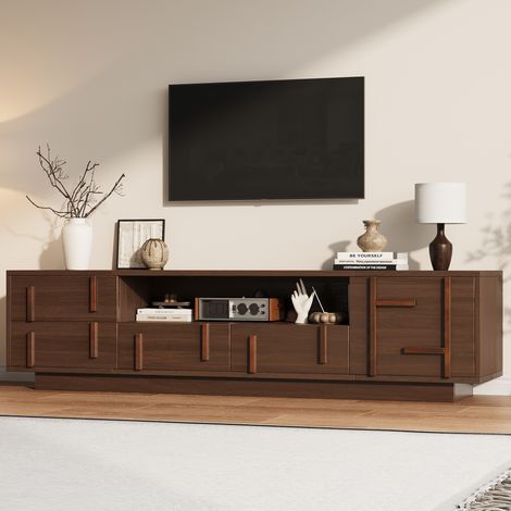 MODFU – Mobile TV 180x40x45 cm in MDF con 4 cassetti, 1 anta e 2 nicchie, per TV fino a 75 pollici e carico 25 kg – Noce (1/5)