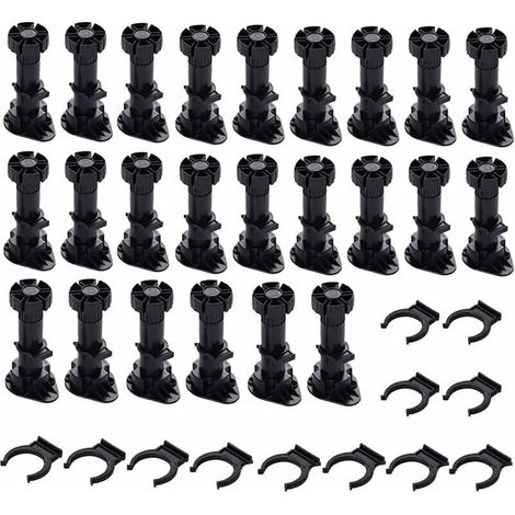 24 Pieces Plastic Cabinet Feet, Furniture Feet, Adjustable Furniture Feet, Black Plastic Furniture Feet with Clip Fixing Base for Kitchen Furniture, Cabinets and Sofas (80mm-100mm) (1/4)