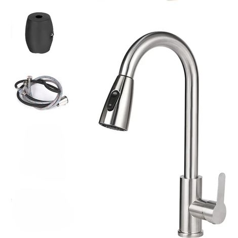 (F1 argent) Robinet de cuisine monotrou en nickel brossé avec bec extractible et douchette intégrée, finition chromée et noire. (1/5)