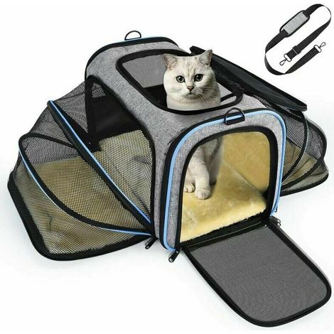 Expandable carrier bag for cats and dogs, with a sturdy structure, breathable mesh, and ample space. Convenient for travel by train, car, plane, and restaurants. Approved for air travel. (Blue) (1/4)