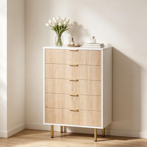 Commode 5 tiroirs – Armoire latérales – poignées dorées – pieds dorés – stries verticalesarrondis - LED RGB – Minimaliste moderne - blanc (1/5)