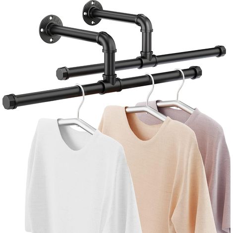 Porte-vêtements Industriel en Tuyaux, Barre à Vêtements Mural Amovible Robuste en Fer, pour Suspendre des Vêtements pour Buanderie, Noir (2-Pack) (1/5)