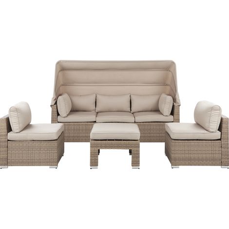 Conjunto de jardín al aire libre sofá de ratán sintético beige marrón claro con dosel y cojines sillas reposapiés de diseño moderno Coccolia