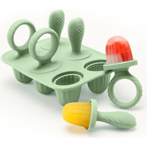 6 Mini Moule à Glace Bébé Réutilisable, 6 Pochons en Silicome Alimentaire Sans BPA, Moules à Popsicle Enfant avec Bâtonnets, Compatible Lave-vaisselle, pour Popsicles, Crèmes Glacées, Sorbets (Vert) (1/4)