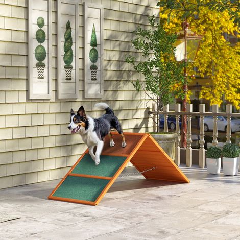 Agility Hunderampe, klappbar, verstellbare Höhe, rutschfest, Tannenholz, bis 40 kg, 173 x 59 x 66 cm, Orange/Grün