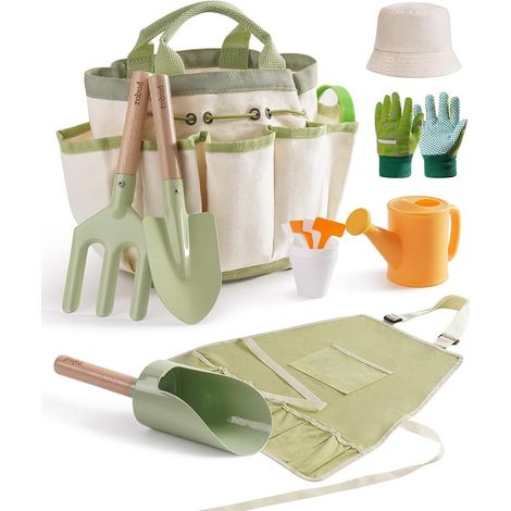 Kids Gardening Set, 18 PCS Toddler Garden Tools Kit with Apron, Gloves, Shovel, Fork, Watering Can, Cylinder Scoop, Outdoor Educational Toys for Boys & Girls Ages 3+ (1/5)