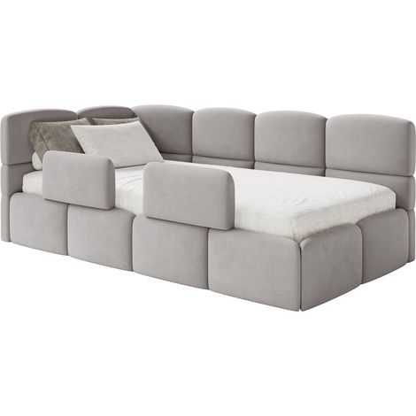 Selsey Cloudy – Kinderbett 120x200, Kopfteil links, Matratze & Bettkasten, Samt Hellgrau