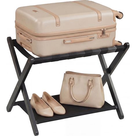 COSTWAY Porte-Valise Pliant en Bois, Porte-Bagages avec Sangles Résistantes, Étagère de Rangement, Support Valise 2 Niveaux, Compact Léger pour Chambre, Hôtel, 67 x 46 x 52 cm (Noir) (1/5)