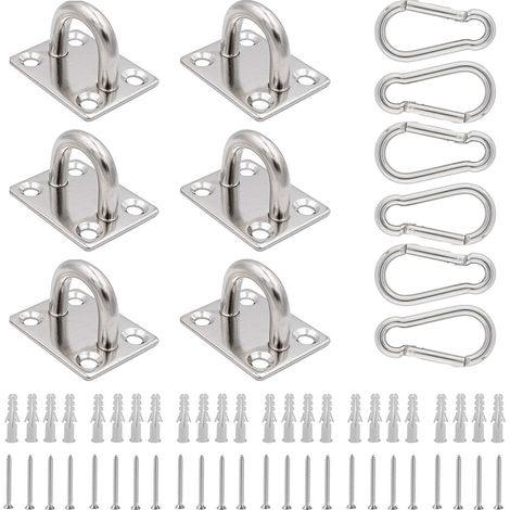 6 piezas de placa de ojo de acero inoxidable y 6 piezas de mosquetones, placas de ojo en forma de U, placa de ojo resistente con tapones y tornillos, placa de ojo para sala de estar, balcón, baño (M8)