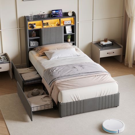 Letto singolo 90x200 cm con contenitore, 2 cassetti, testiera con USB e LED, rete a doghe, per camera moderna - grigio