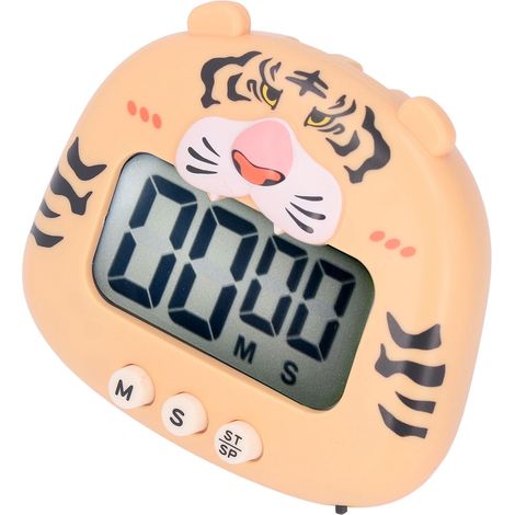 Minuteur de cuisine numérique avec compte à rebours, sons d'animaux et alertes lumineuses, utilisation facile avec support pour apprendre à cuisiner. Tigre jaune. (1/5)