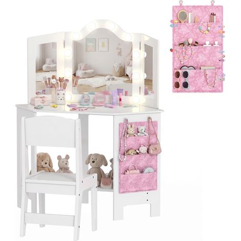 Meuble de chambre enfant, La large surface de la coiffeuse avec miroir et tabouret, dim. 93.6L x 48.5l x 111.5H cm (1/5)