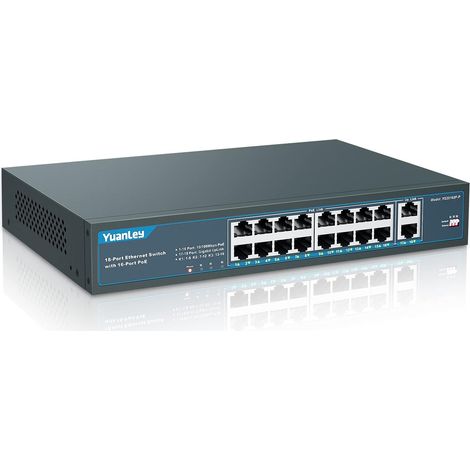 18 Port PoE Switch, 16 PoE+ 100Mbps, 2 Uplink Gigabit, Alimentation Intégrée 250W, Montage en Rack Plug and Play Non Géré (1/5)