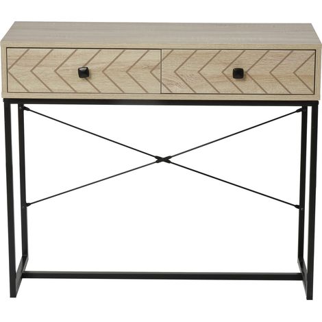 Table Console table d'entrée Industriel 2 tiroirs Bois Naturel Pieds métal dim. 90 x 35 x 76 cm (1/5)
