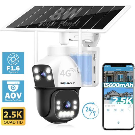 GENBOLT 3G/4G LTE 2.5K Enregistrement 24/7 Caméra Surveillance Solaire Extérieure sans Fil, 8W 15600mAh Double Objectif (1/2)