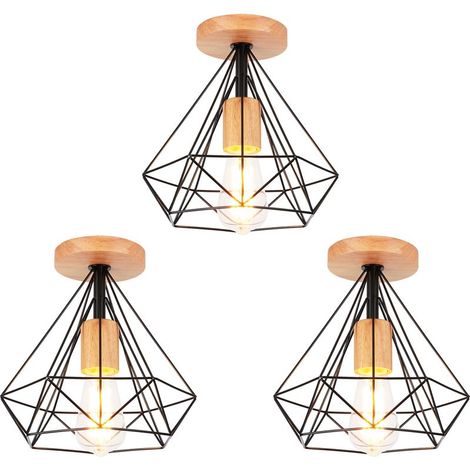 3PCS Rétro Plafonnier Industrielle E27 25cm Lampe Plafonnier en Métal et Bois Noir (1/5)