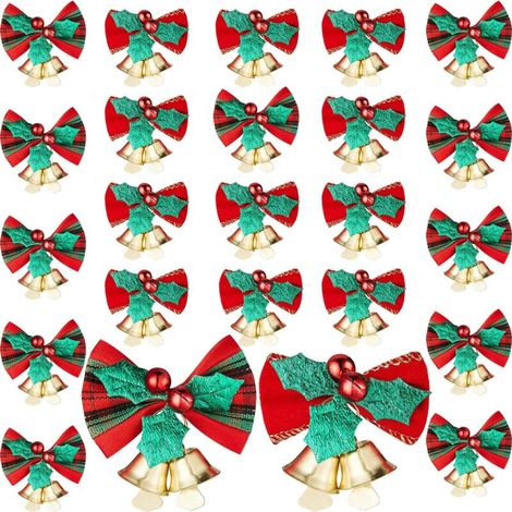 24 Pieces Mini Christmas Bows with Bells Christmas Tree Bow Garland Decorations Hanging Ribbon Bow for Christmas Tree Gift Charms Ornaments, 2 Styles (1/5)