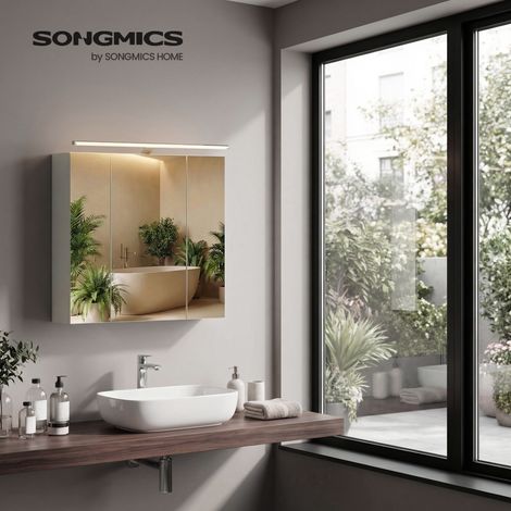 Armoire Murale pour Salle de bain, 3 Portes Miroir, avec Éclairage, Étagères Ajustables, 15 x 60 x 55 cm, Blanc (1/5)