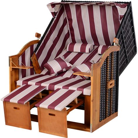Ostsee-Strandstühle, Doppeldeckstühle aus Kiefernholz, 5-fach verstellbare Rückenlehne, mit Fußstütze und Beistelltischen, rot-weißes PE-Rattan, für Balkon und Terrasse