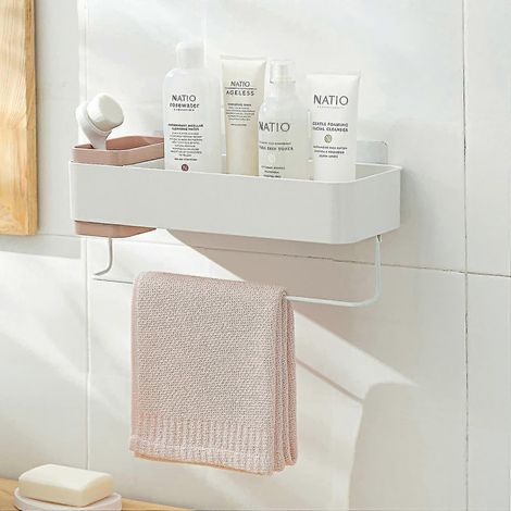 Étagère de salle de bain, boîtes de rangement murales avec porte-serviettes, panier mural pour salle de bain (1/5)