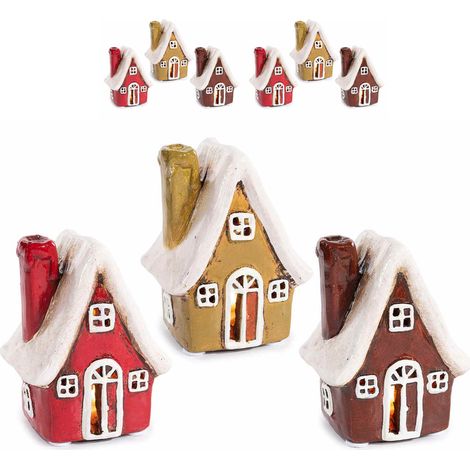 Addobbi Natalizi da appendere a forma di casette in terracotta con luce LED - Set da 6 decoraizoni (1/3)