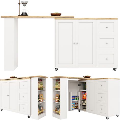 Table haute pivotante 360° (135-203 x 39 x 106 cm) sur roulettes, blanc, avec trois tiroirs et porte-snacks, îlot de rangement multifonction pour cuisine et salon