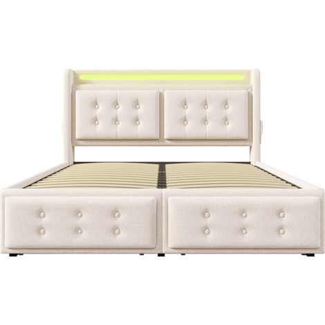 Cama canapé 140x200 beige con cabecero LED, USB-C, 4 cajones y somier (1/5)