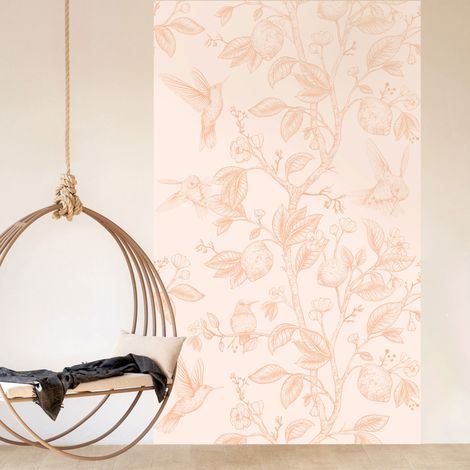 Papier peint panoramique, colibris peach, oiseau arbre nature douce, 250 cm X 150 cm (1/5)