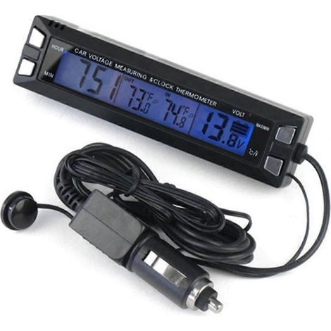 12V/24V Autothermometer mit LCD-Bildschirm, digitaler Spannungsanzeige, Uhr, Thermometer, Voltmeter und Sensorkabel. (1/5)