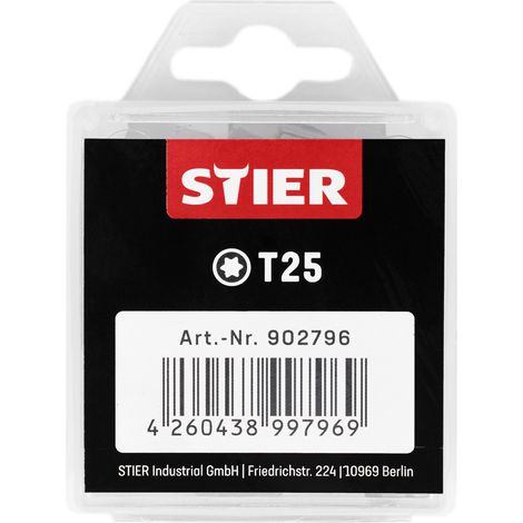 STIER TORX-Bit-Großpackung, 50 Bits, T 25, 25 mm Länge, Profi Werkzeug, langlebig und robust, in Plastikbox, ideal für professionelle oder heimwerker Anwendungen
