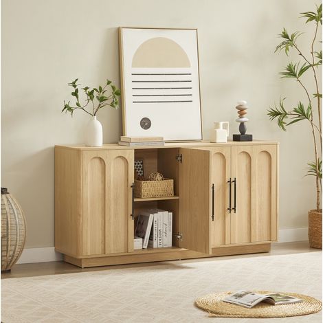 Aparador de 4 puertas con frente curvo, 160 cm, MDF, color madera, REDOM (1/5)