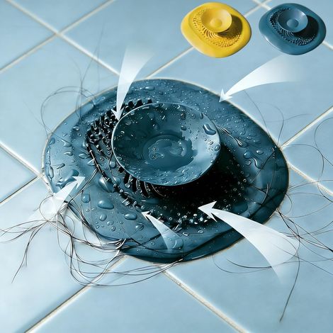 Filtre à cheveux et à bonde d'évier en silicone bleu, adapté aux bondes jusqu'à 12 x 12 cm. (1/4)