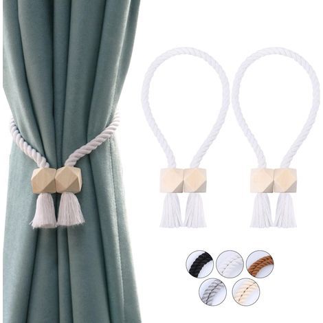 2 - Embrasse Rideau - Attache Rideau - Magnétique et Coton Tissé à la Main avec Perles en Bois pour Salon Chambre Blanc 54cm (1/5)
