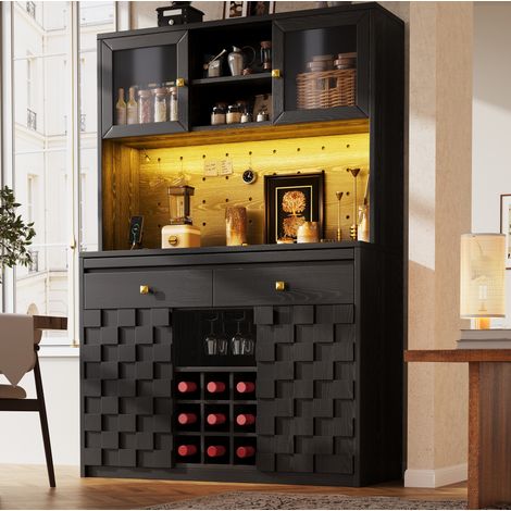 Buffet haut 120x40x178 cm en MDF noir, avec rangement, LED pour cuisine moderne FloraGrace (1/5)