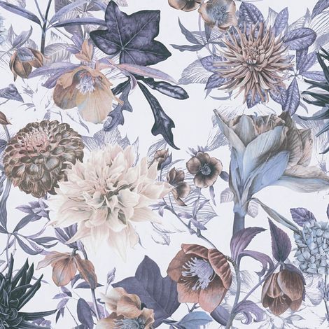 Papel pintado floral Profhome 381751 papel pintado no tejido liso sin textura con ornamentos florales mate blanco azul beige gris 5,33 m2