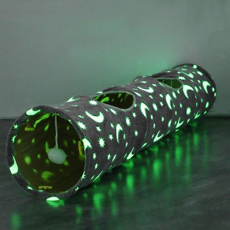 Tube tunnel pour chat avec boule en peluche, photoluminescence pliable et auto-lumineuse, pour petits animaux, lapins, chatons, furets, chiots et chiens, étoile de lune grise (1/5)
