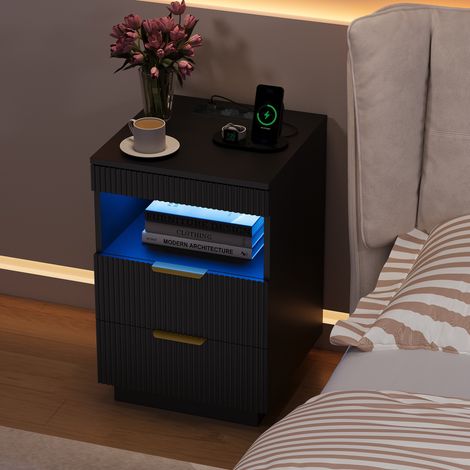 Lot de 2 Table de Chevet Noir 40x40x60 cm avec Prises & USB, Table de Nuit LED RGB, Bout de Canapé Moderne Chic 2 Tiroirs (1/5)