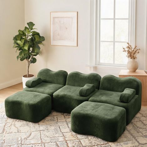 Canapé d'angle modulaire vert velours avec poufs coloris vert (1/5)
