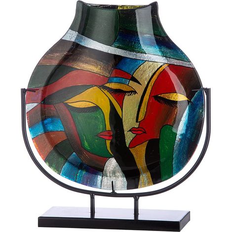Vase décoratif sur Support en métal Noir – Face Face – Objet d'art Peint à la Main – Multicolore Hauteur 40 cm