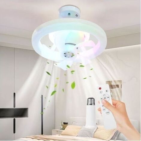 Ventilateur de plafond silencieux avec lumière intégrée, télécommande incluse, culot E27, lampe LED RGB orientable + câble rallongé