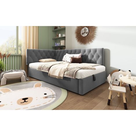 Lit banquette gris 90x190 cm en velours avec rangement hydraulique et sommier à lattes en bois pour chambre, salon et séjour (1/5)