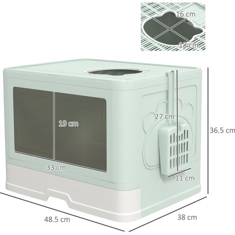 Bac à litière avec couvercle (double entrée, bac amovible, pelle et brosse incluses), vert (1/5)