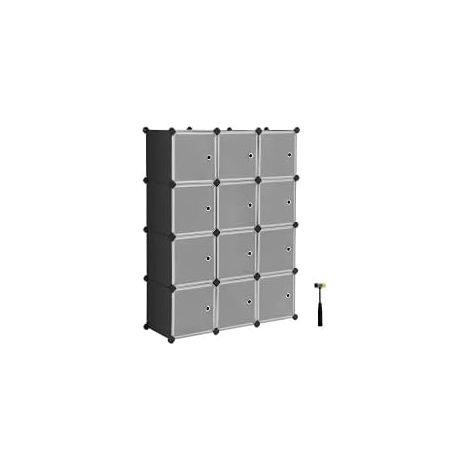 SONGMICS Système d'étagères, étagère à chaussures, ensemble de 12 cubes, armoire en plastique, avec portes, étagère enfichable, rangement de vêtements, chaussures et livres, montage facile, noir (1/5)