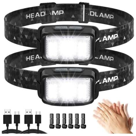 Lampe frontale Super LED 2 pièces rechargeable par USB, lampe frontale à détecteur de mouvement de 2000 lumens, 16 modes d'éclairage, étanche et légère, adaptée à l'extérieur [Classification é (1/4)