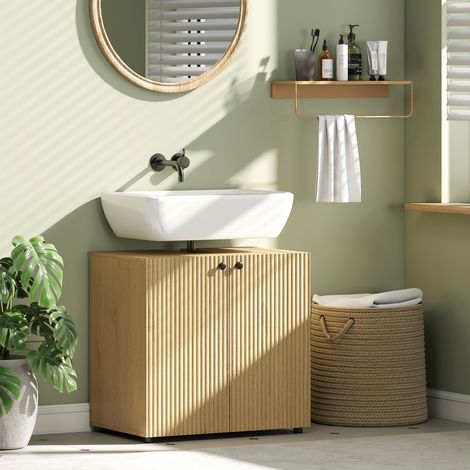 Meuble sous lavabo, meuble de salle de bain 2 portes à fermeture amortie, étagère réglable, 60x39,8x58,5cm, bois naturel (1/5)